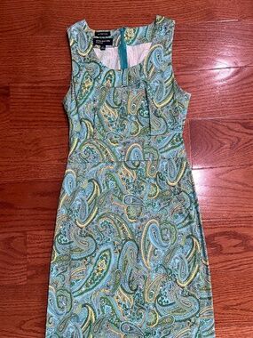 Jones New York Stretch Sheath Dress Blue Green Paisley Size 4
